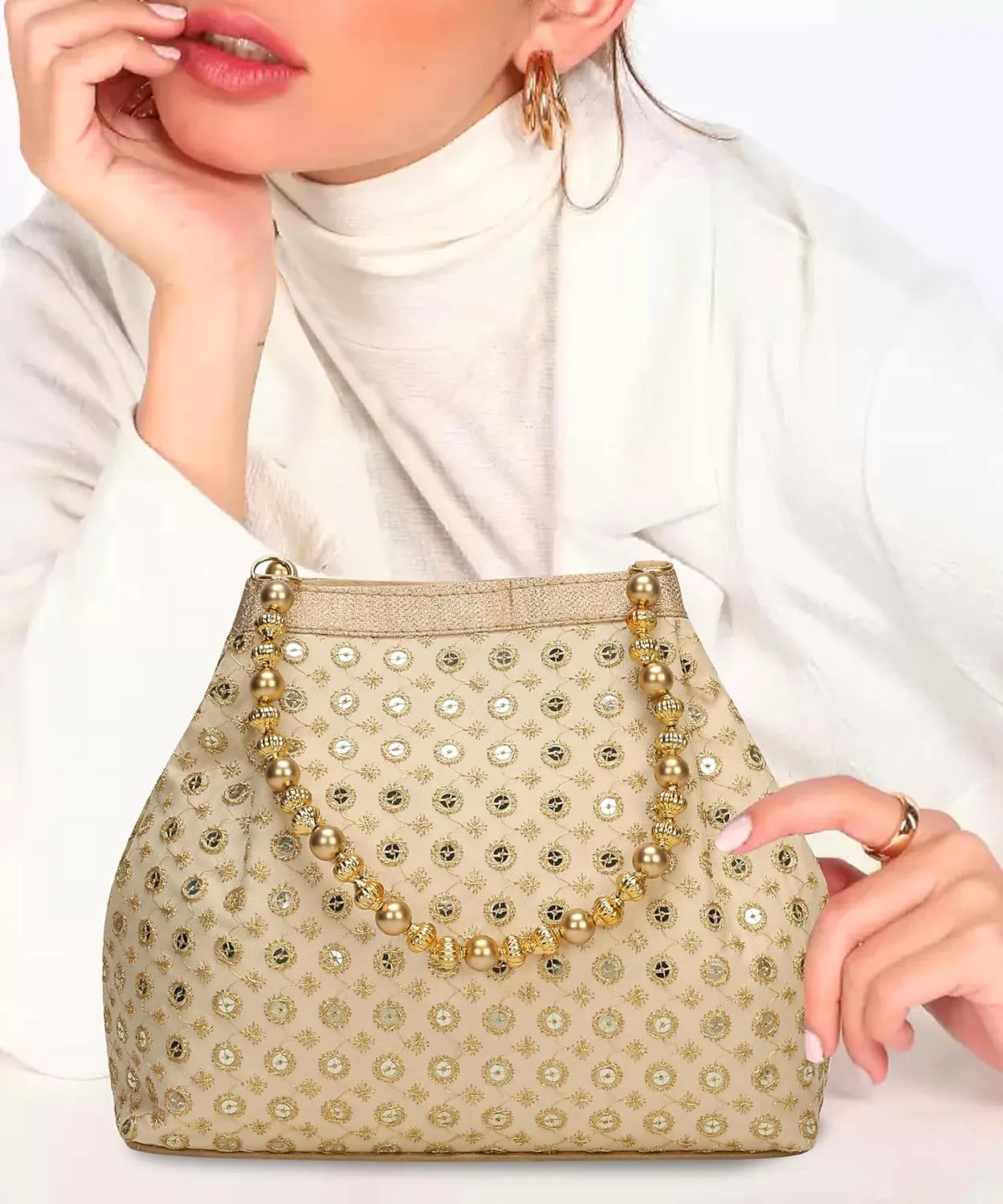 LONGING TO BUY Potli Bags for Women Embroidered Evening Purses with Gold Pearl Handle, Indian Women Potli Bags for Wedding