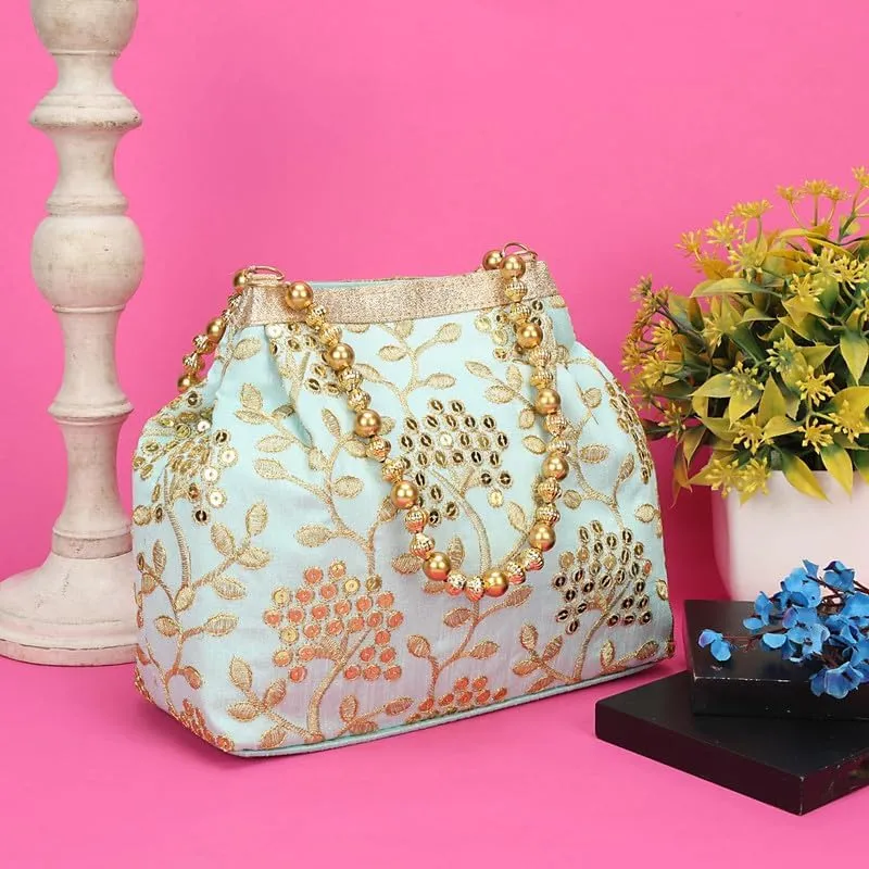 LONGING TO BUY Potli Bags for Women Embroidered Evening Purses with Gold Pearl Handle, Indian Women Potli Bags for Wedding
