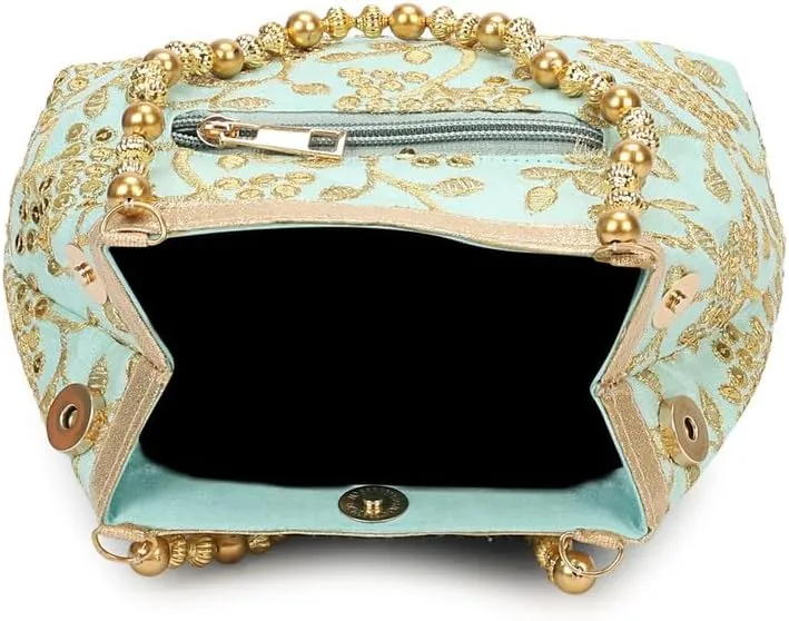 LONGING TO BUY Potli Bags for Women Embroidered Evening Purses with Gold Pearl Handle, Indian Women Potli Bags for Wedding
