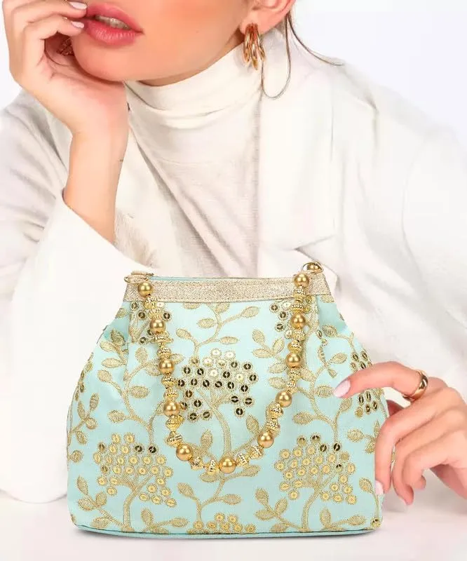 LONGING TO BUY Potli Bags for Women Embroidered Evening Purses with Gold Pearl Handle, Indian Women Potli Bags for Wedding