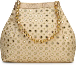 LONGING TO BUY Potli Bags for Women Embroidered Evening Purses with Gold Pearl Handle, Indian Women Potli Bags for Wedding