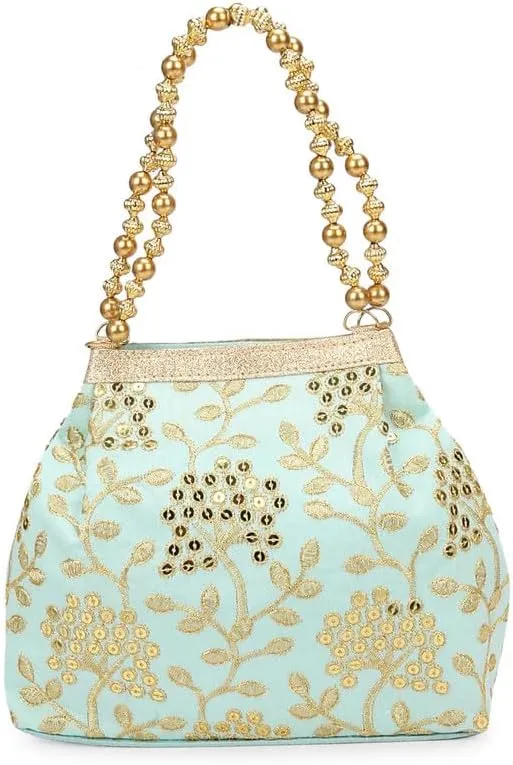 LONGING TO BUY Potli Bags for Women Embroidered Evening Purses with Gold Pearl Handle, Indian Women Potli Bags for Wedding