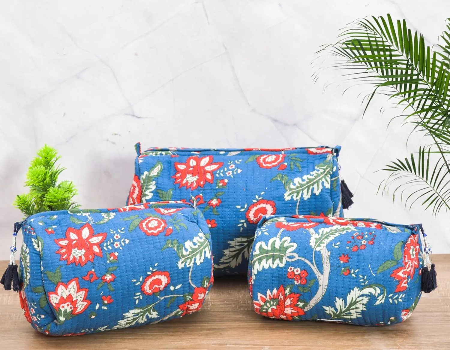 LOOKNSOURCE Cotton Toiletry Bag Floral Print Blue Color Toiletry Bag Peck of 3 for Women & Girls