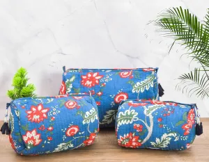 LOOKNSOURCE Cotton Toiletry Bag Floral Print Blue Color Toiletry Bag Peck of 3 for Women & Girls