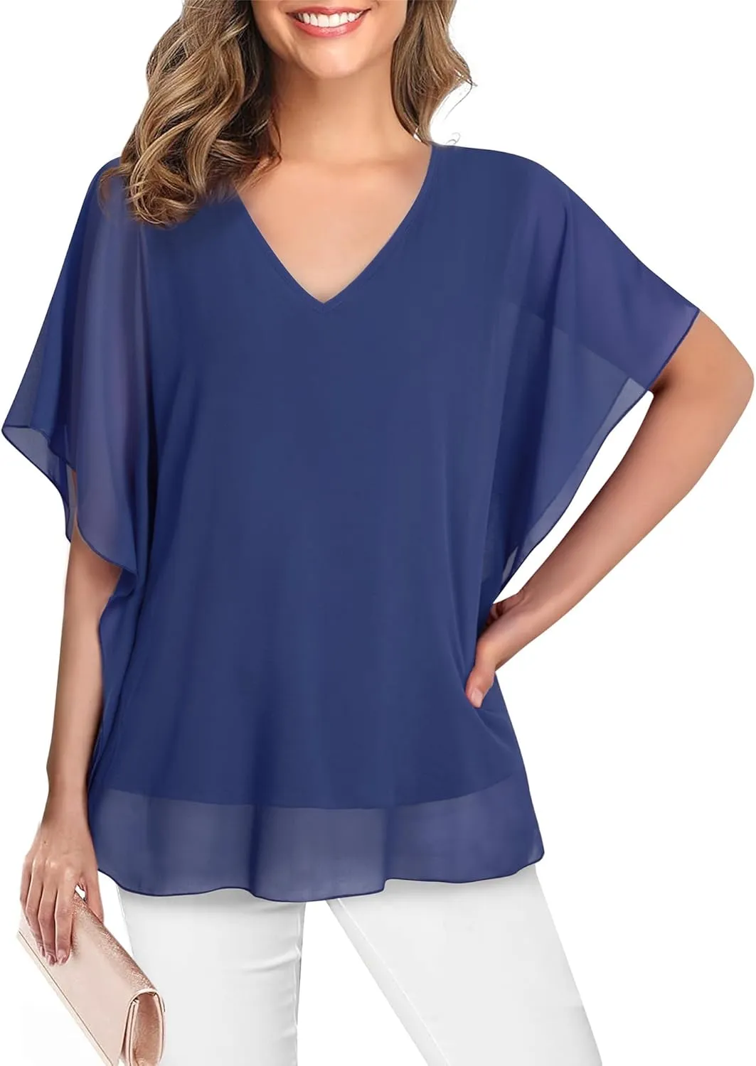 Lotusmile Women's Loose Flouncing Flutter Sleeve Double-Layered Shirt Chiffon Elegant Dressy Blouse Work Tops