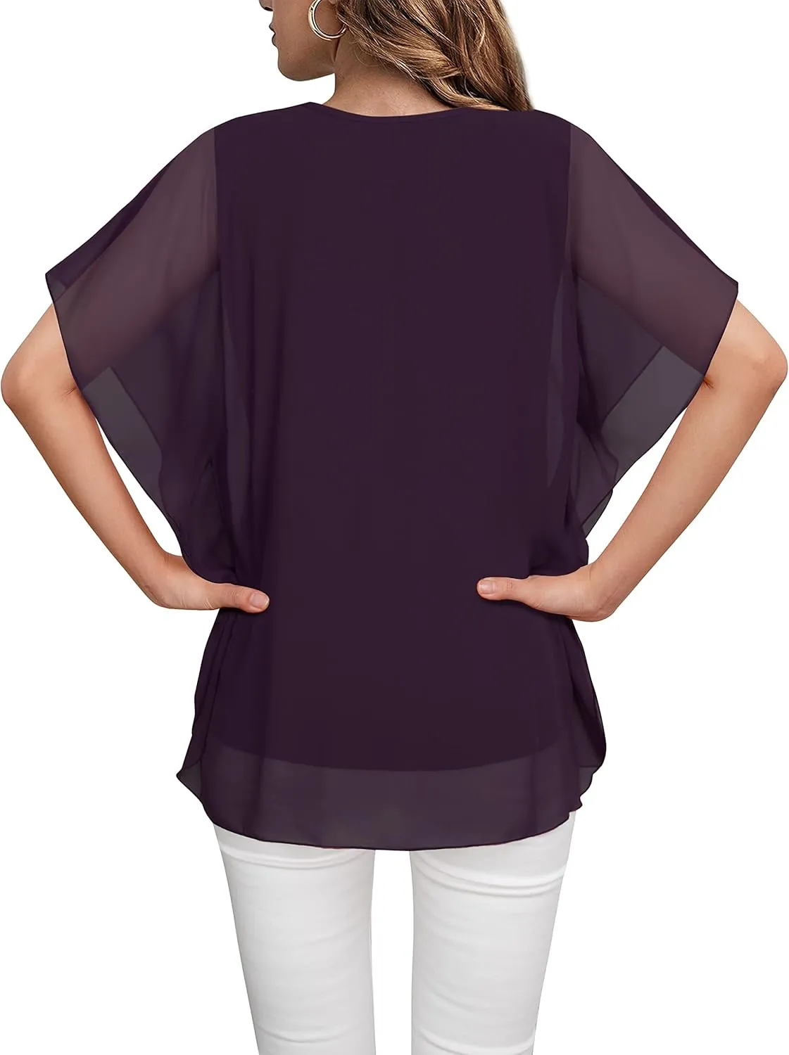 Lotusmile Women's Loose Flouncing Flutter Sleeve Double-Layered Shirt Chiffon Elegant Dressy Blouse Work Tops