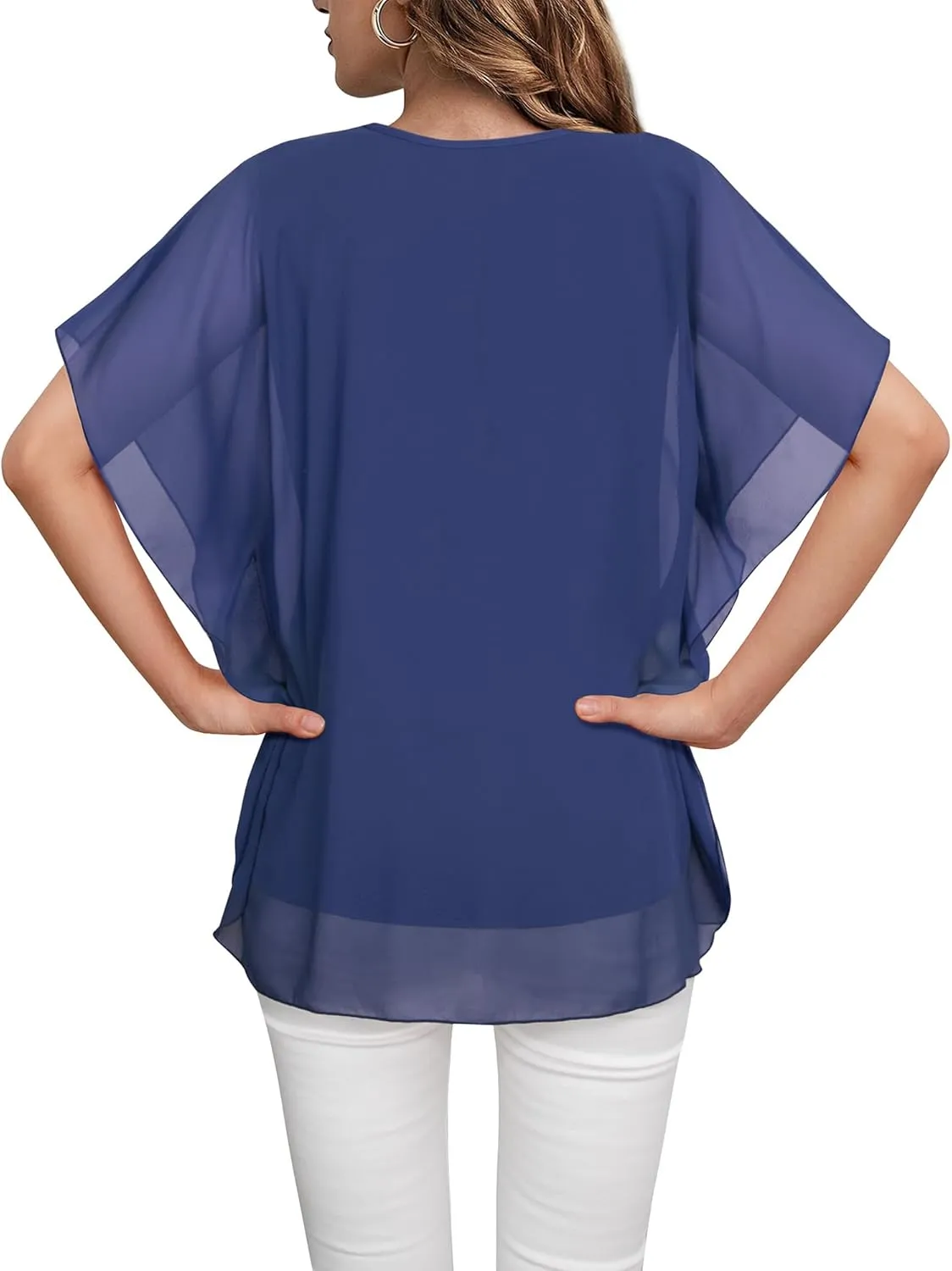 Lotusmile Women's Loose Flouncing Flutter Sleeve Double-Layered Shirt Chiffon Elegant Dressy Blouse Work Tops
