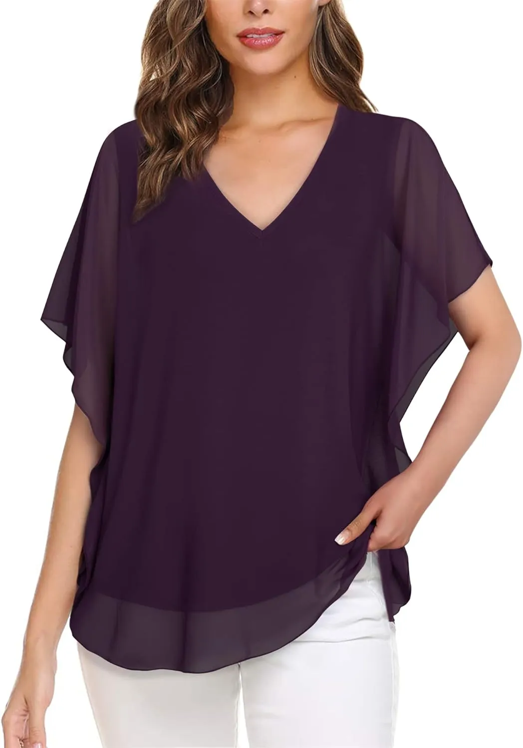 Lotusmile Women's Loose Flouncing Flutter Sleeve Double-Layered Shirt Chiffon Elegant Dressy Blouse Work Tops