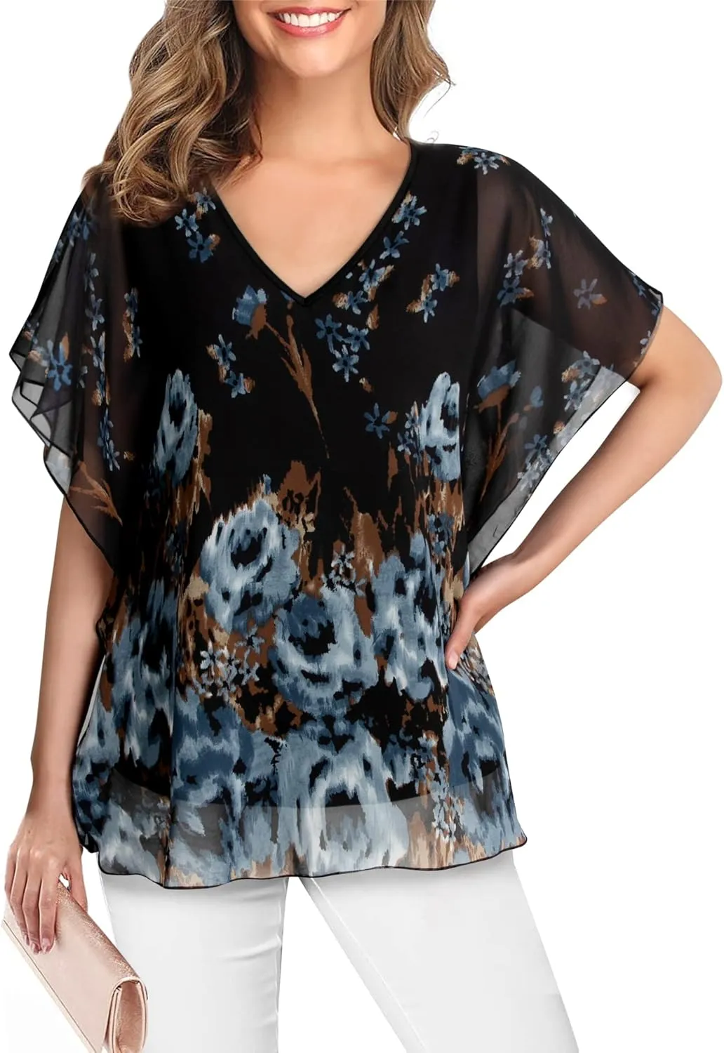 Lotusmile Women's Loose Flouncing Flutter Sleeve Double-Layered Shirt Chiffon Elegant Dressy Blouse Work Tops
