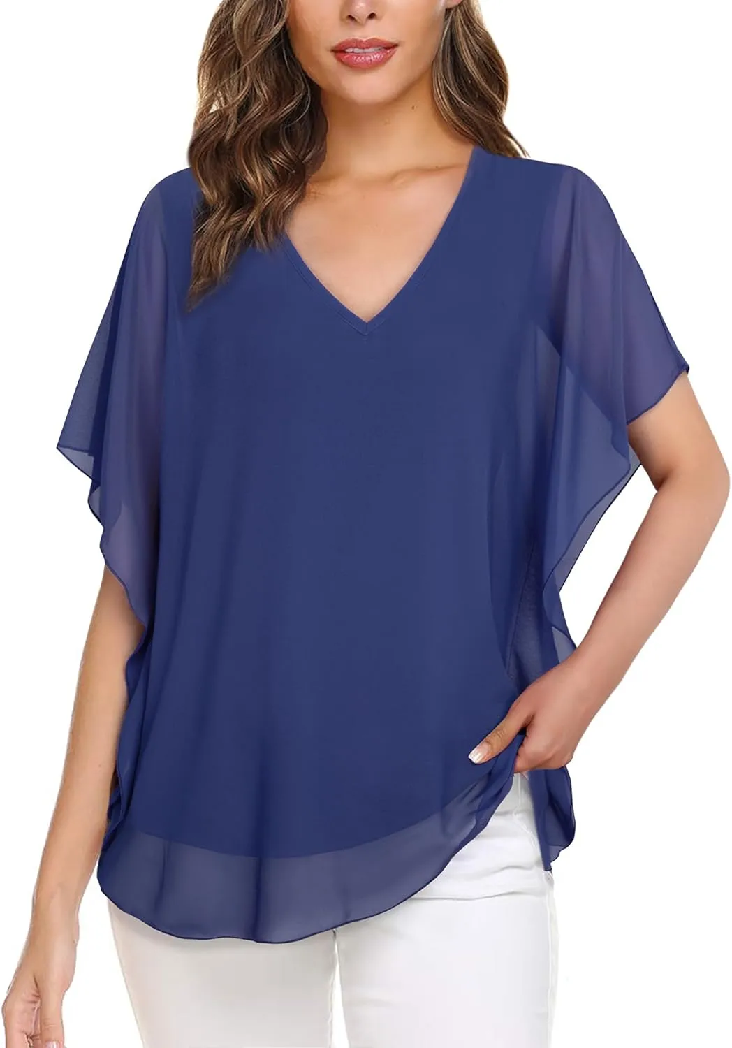 Lotusmile Women's Loose Flouncing Flutter Sleeve Double-Layered Shirt Chiffon Elegant Dressy Blouse Work Tops