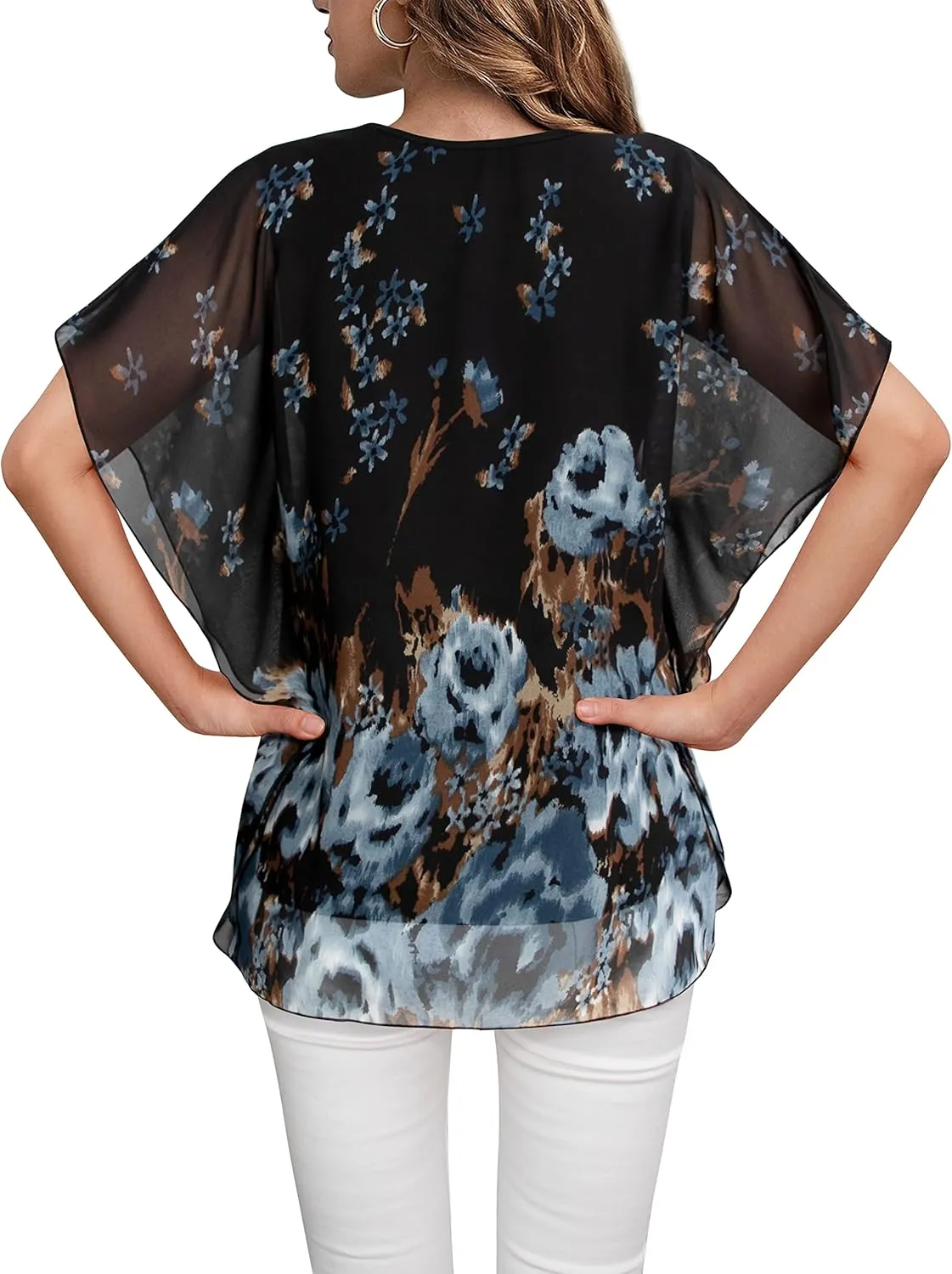 Lotusmile Women's Loose Flouncing Flutter Sleeve Double-Layered Shirt Chiffon Elegant Dressy Blouse Work Tops