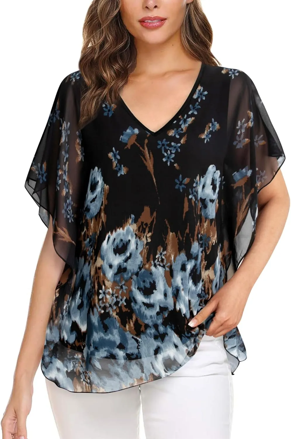 Lotusmile Women's Loose Flouncing Flutter Sleeve Double-Layered Shirt Chiffon Elegant Dressy Blouse Work Tops