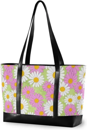 Lovely Daisy Floral Peach White trendy tote bag for women with zipper womens tote for mom with commuter bolsas para computadoras de mujer