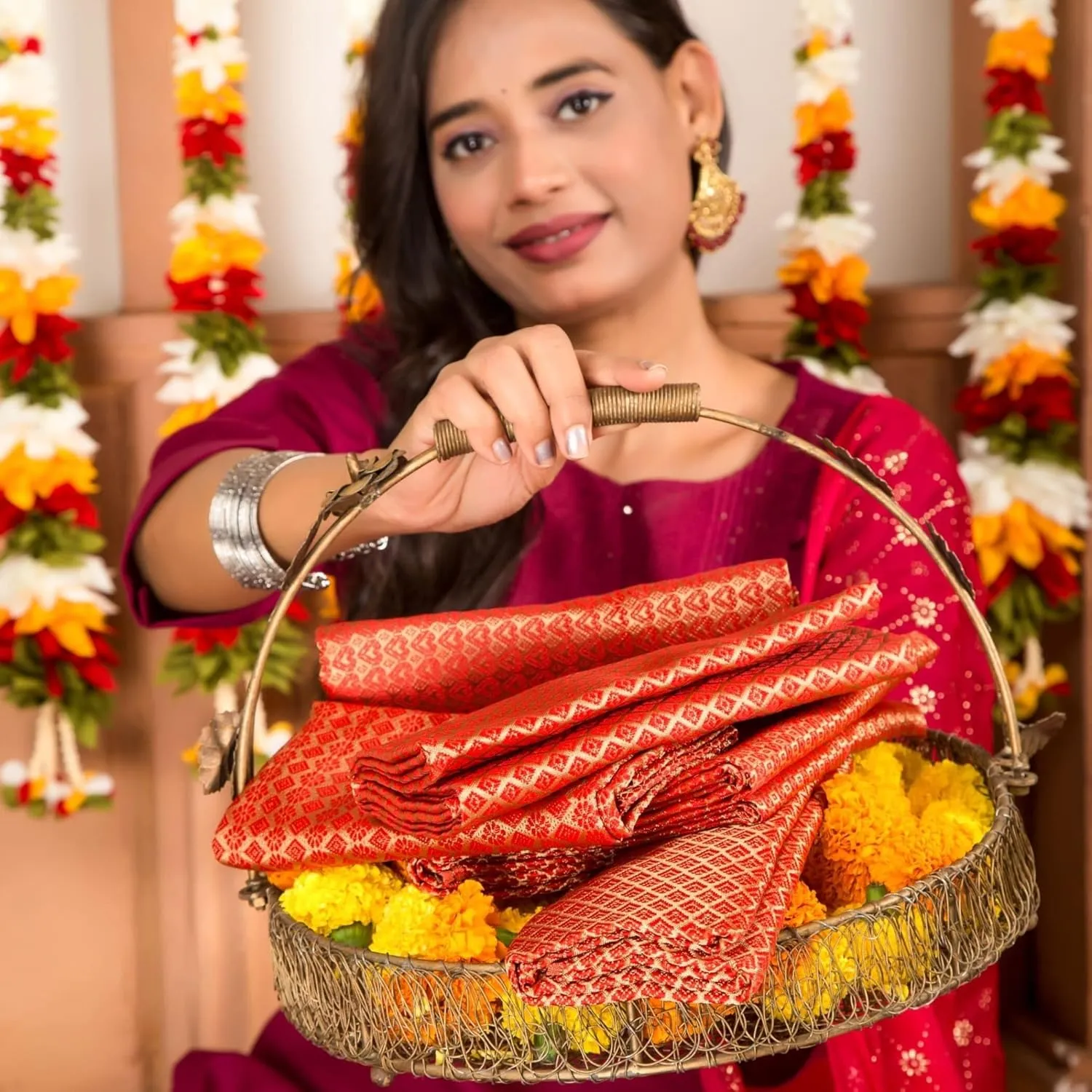 LoveNspire Varalakshmi Vratham Gift Hamper Navaratri Vratha Hindu Religious Teej Karva Chauth Sankranti Pooja Housewarming Return Gifts - Potli Bags Haldi Kumkum Holder Blouse Piece Diya Bindi Bangles