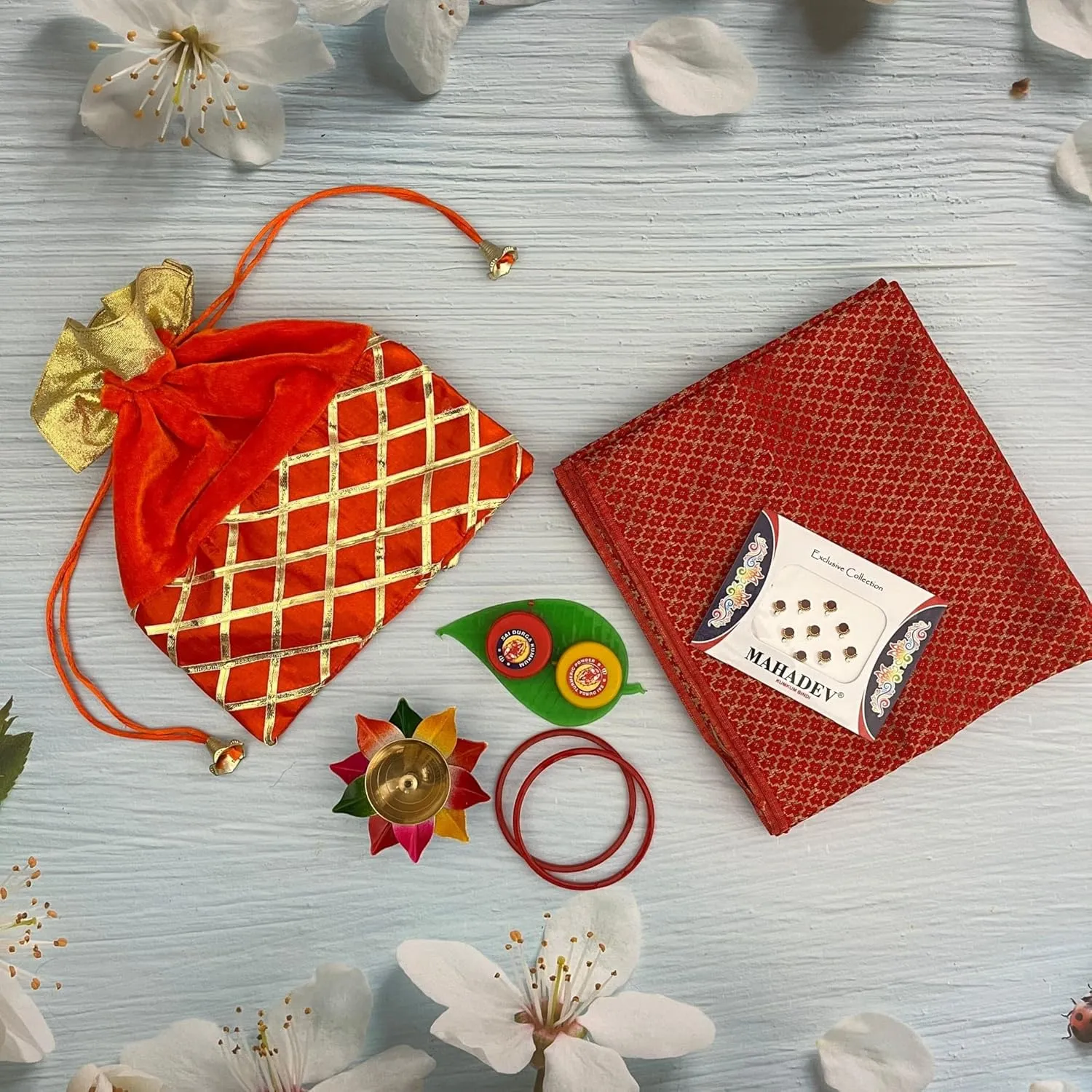 LoveNspire Varalakshmi Vratham Gift Hamper Navaratri Vratha Hindu Religious Teej Karva Chauth Sankranti Pooja Housewarming Return Gifts - Potli Bags Haldi Kumkum Holder Blouse Piece Diya Bindi Bangles
