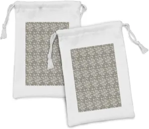 Lunarable Floral Fabric Pouch Set of 2, Mums Chrysanthemum Blooms in Vintage Style Botanical Flourish Meadow Theme, Small Drawstring Bag for Toiletries Masks and Favors, 9" x 6", Sepia and Eggshell