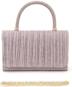Lurex Pleated Top Handle Sparkly Handbag with Chain Evening Clutch Bag Luxury Women’s Handbag Parties Weddings Dinners