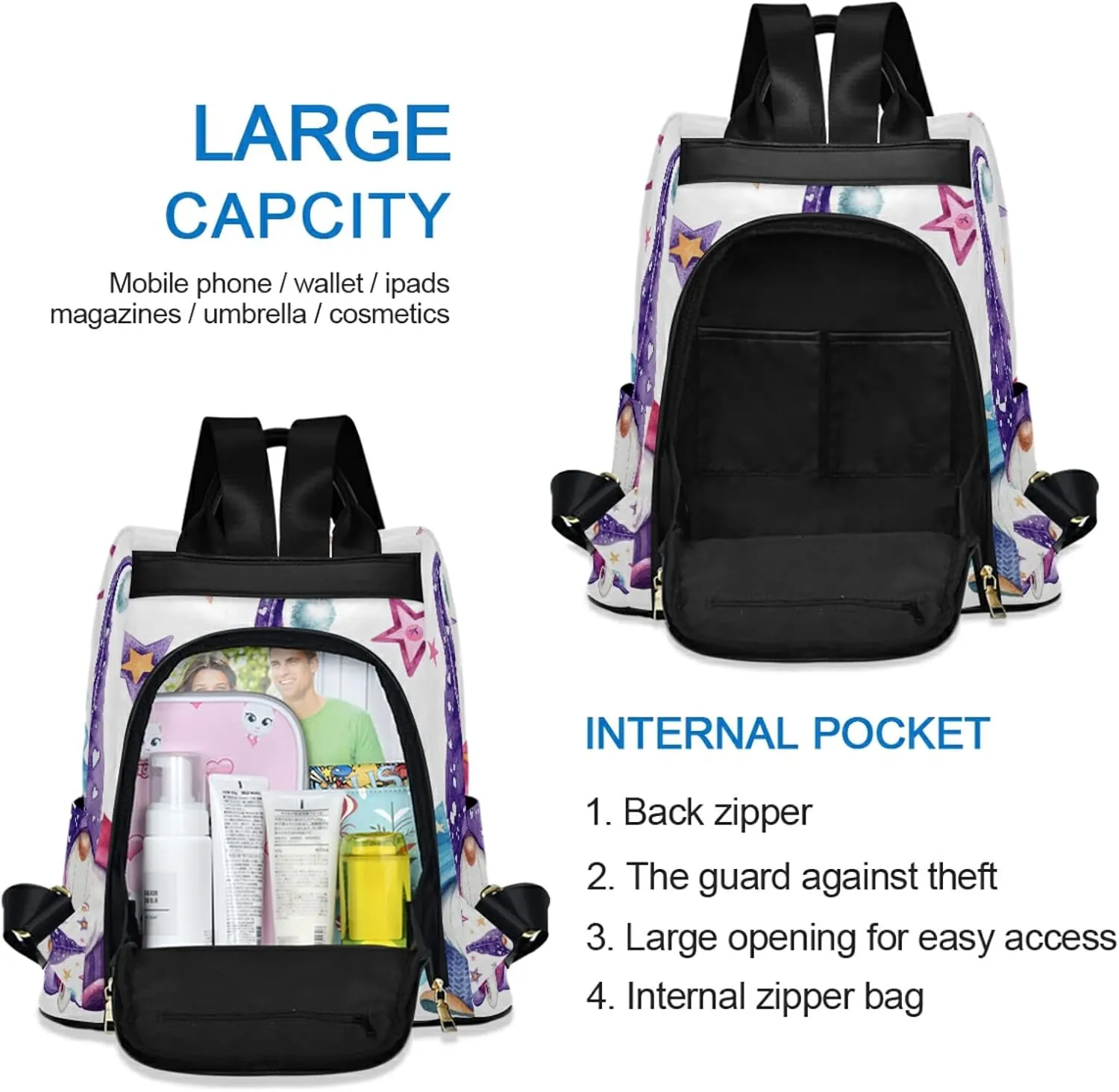 Magic Gnomes Backpacks Purse for Women Girls Ladies Anti Theft Fashion Medium Size Mini Shoulder Bag with Keychain