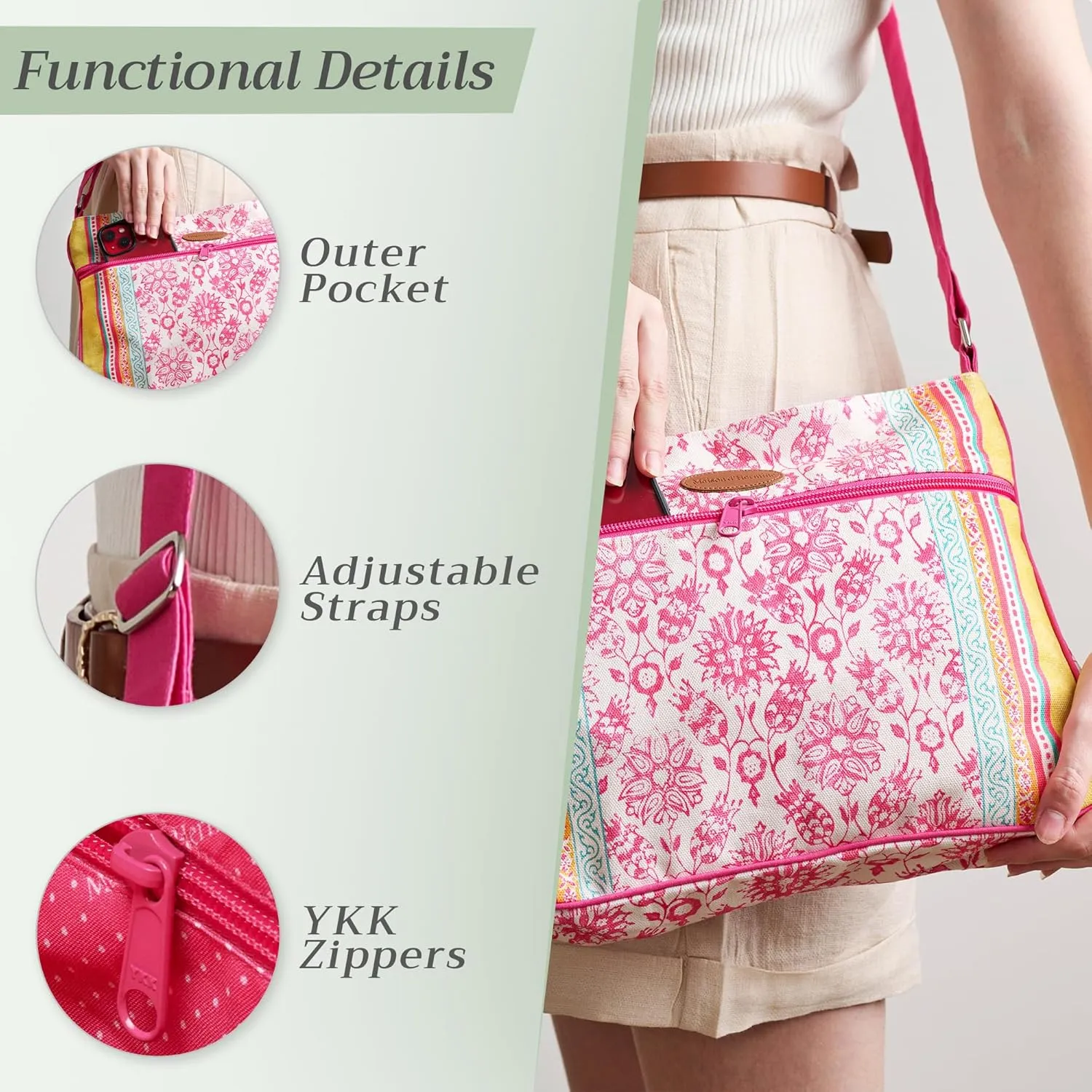 Maison d' Hermine Cross Body Bag Cotton Adjustable Shoulder Strap Hand Bag Tote purse with Zippered & Slip Pockets