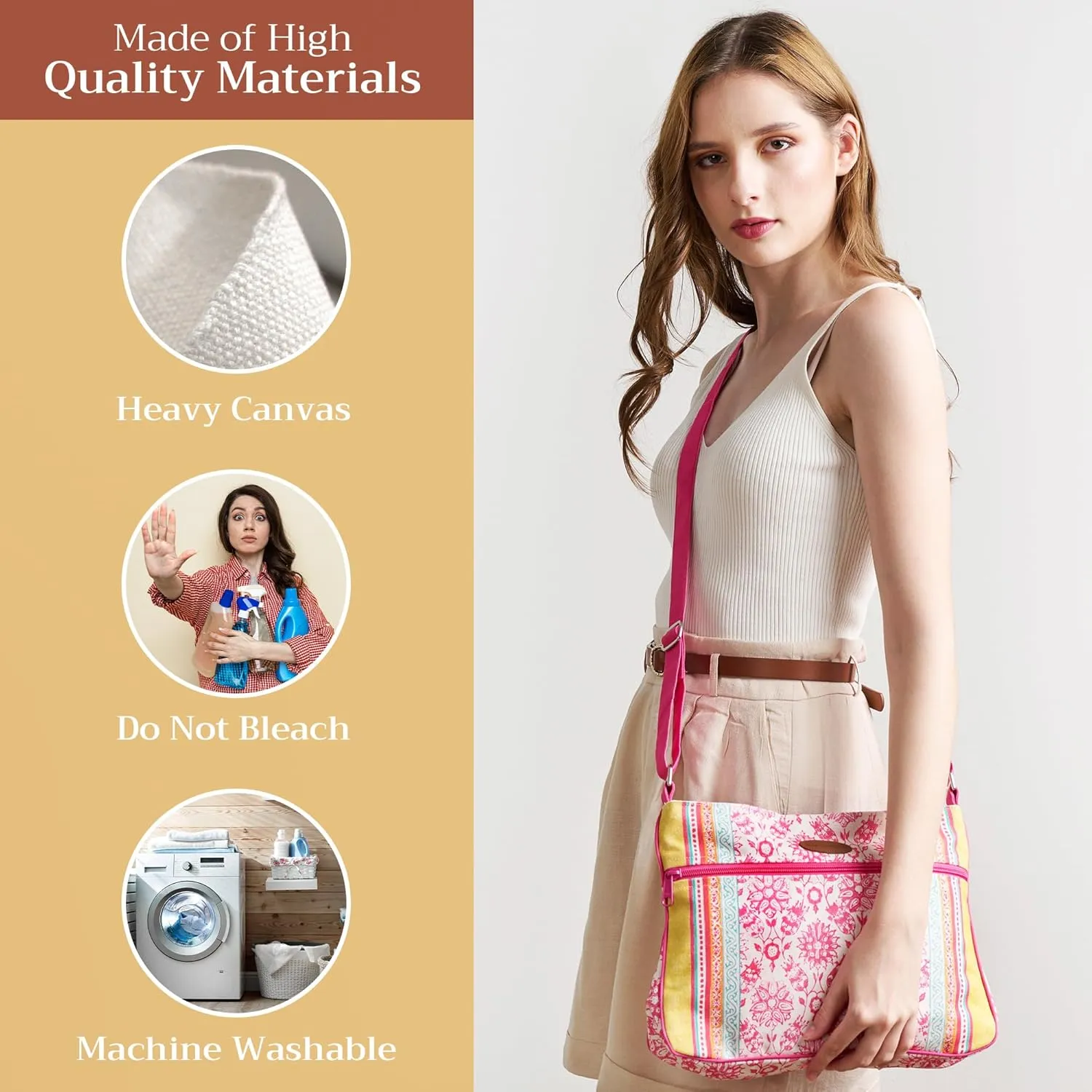 Maison d' Hermine Cross Body Bag Cotton Adjustable Shoulder Strap Hand Bag Tote purse with Zippered & Slip Pockets