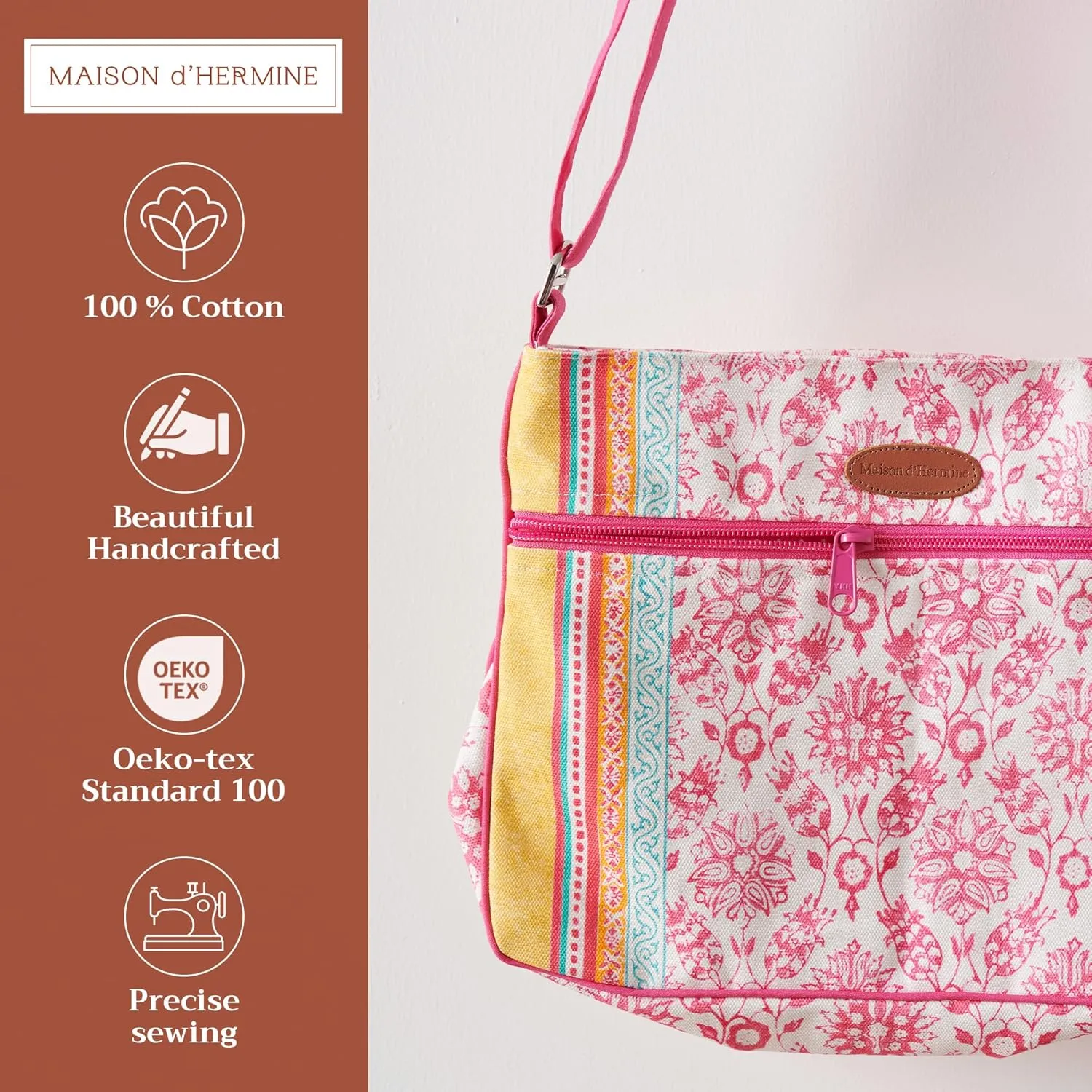 Maison d' Hermine Cross Body Bag Cotton Adjustable Shoulder Strap Hand Bag Tote purse with Zippered & Slip Pockets