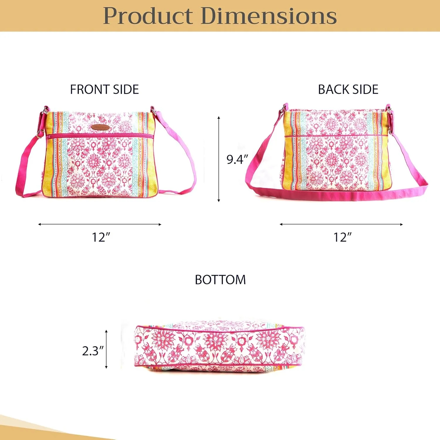Maison d' Hermine Cross Body Bag Cotton Adjustable Shoulder Strap Hand Bag Tote purse with Zippered & Slip Pockets