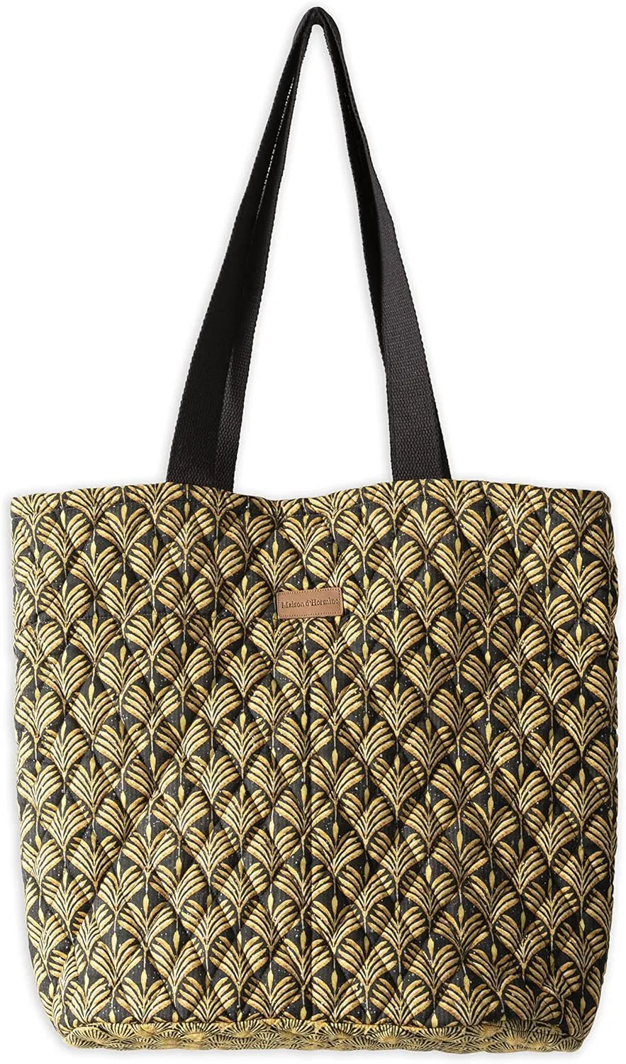 Maison d' Hermine Shopping Bag Cotton Quilted Tote Bag with Zipper Pockets & Small Pouch Grocery Bag for Work Travel Lunch