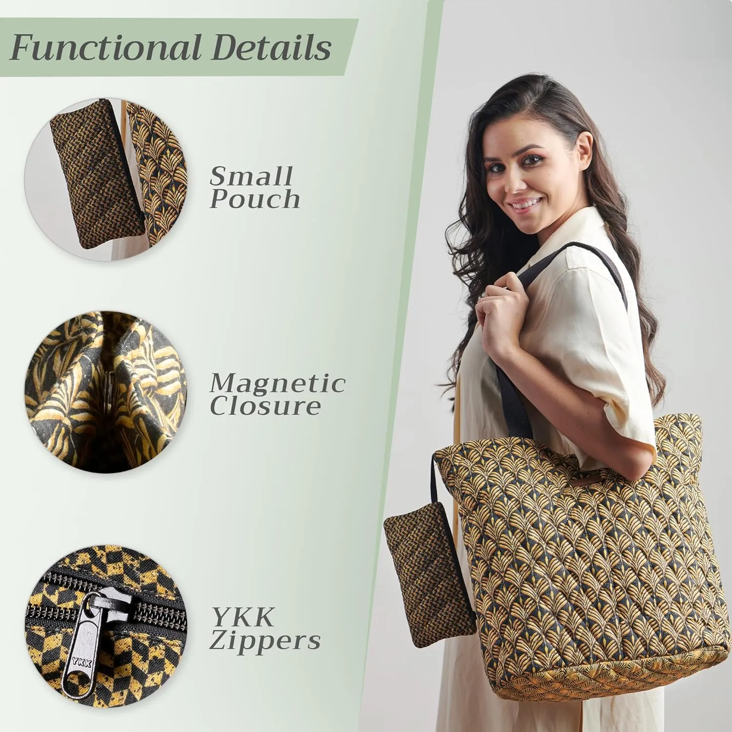 Maison d' Hermine Shopping Bag Cotton Quilted Tote Bag with Zipper Pockets & Small Pouch Grocery Bag for Work Travel Lunch