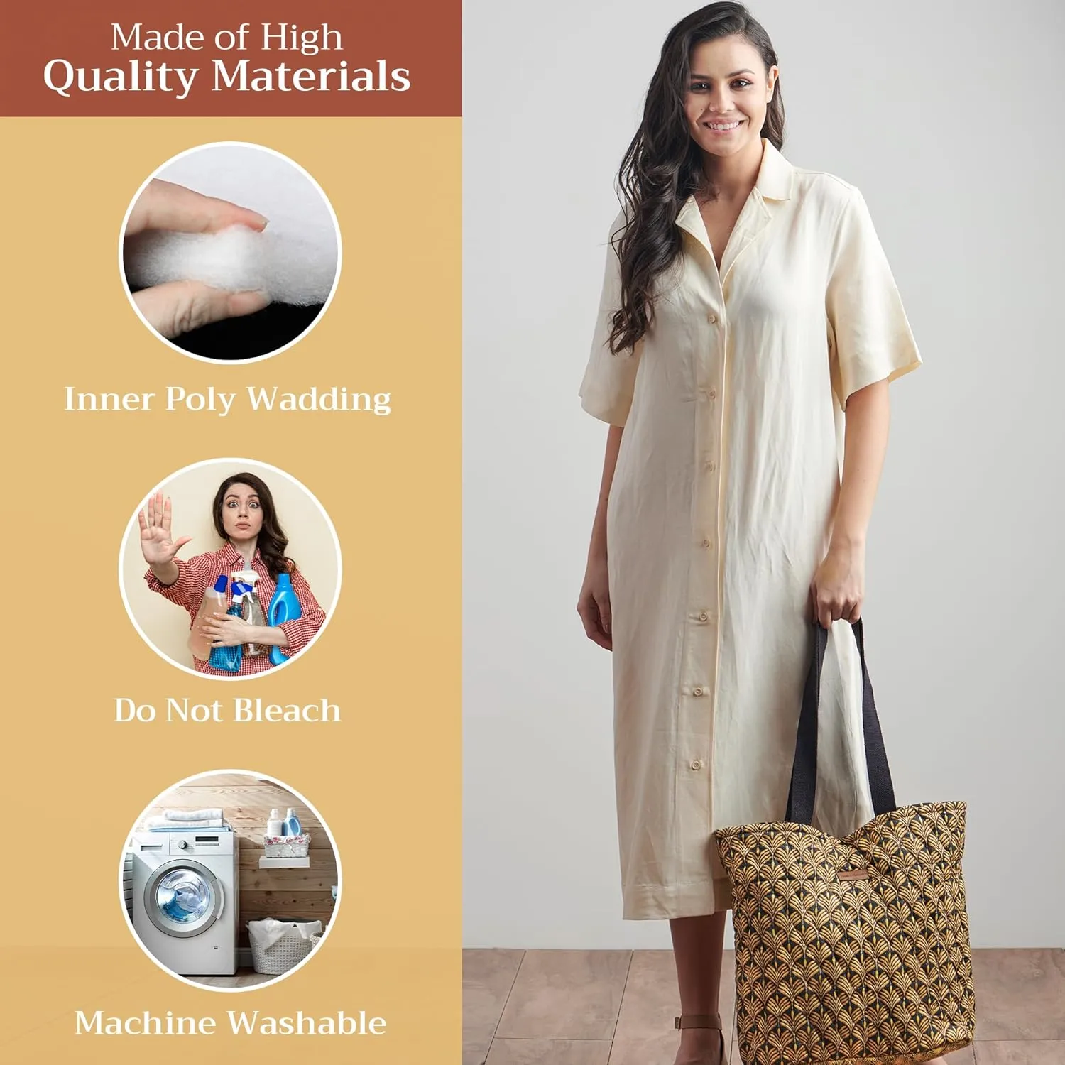 Maison d' Hermine Shopping Bag Cotton Quilted Tote Bag with Zipper Pockets & Small Pouch Grocery Bag for Work Travel Lunch