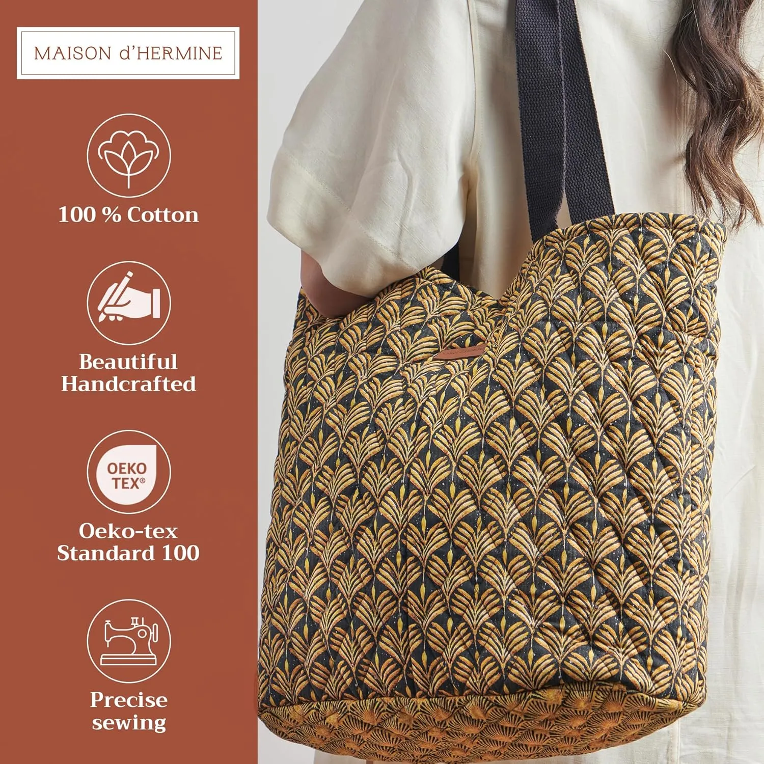Maison d' Hermine Shopping Bag Cotton Quilted Tote Bag with Zipper Pockets & Small Pouch Grocery Bag for Work Travel Lunch