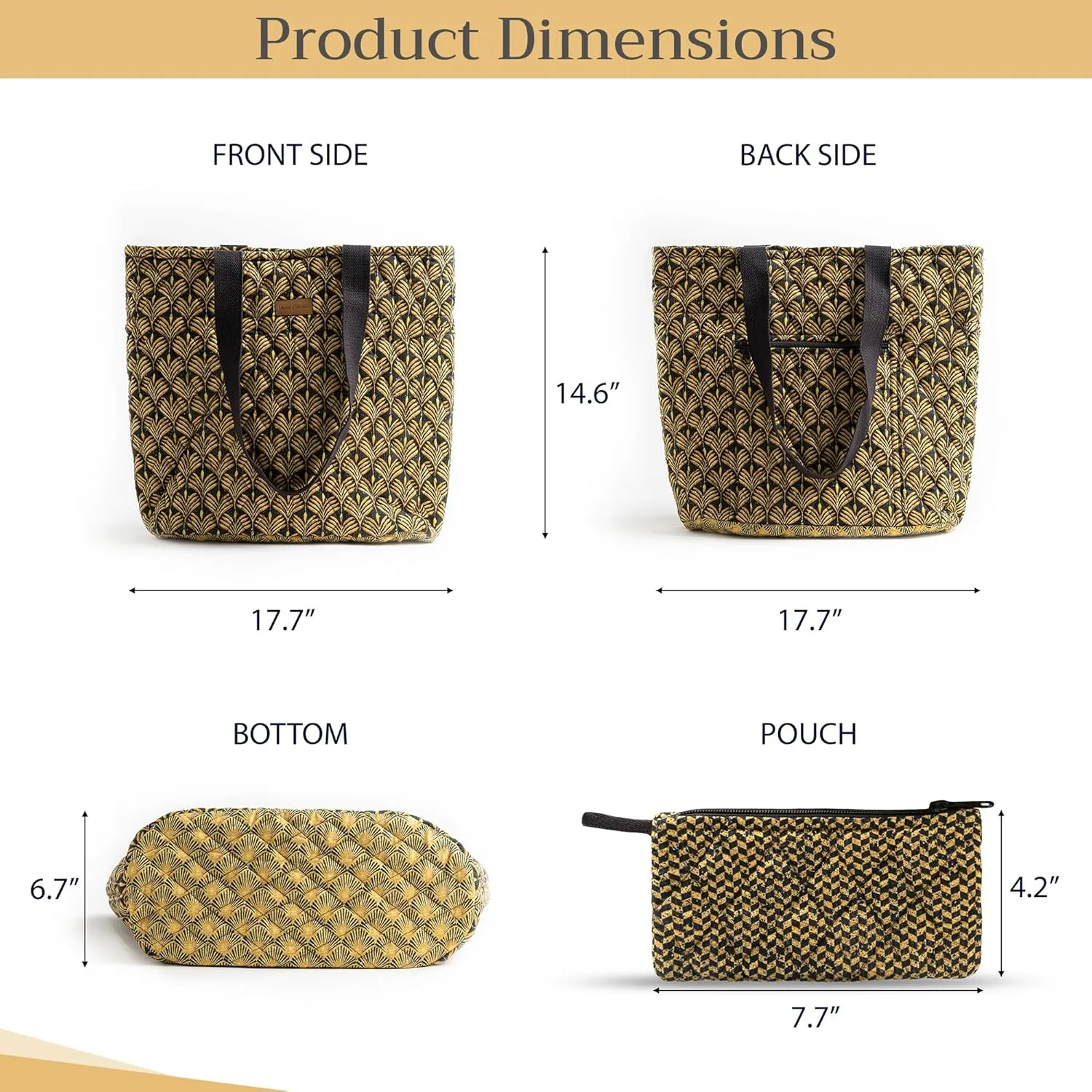Maison d' Hermine Shopping Bag Cotton Quilted Tote Bag with Zipper Pockets & Small Pouch Grocery Bag for Work Travel Lunch