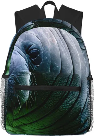 Manatee Animals Calf Print Adults Casual Travel Zipper Bookbag Polyester Travel Daypack Bag Multiple Pockets