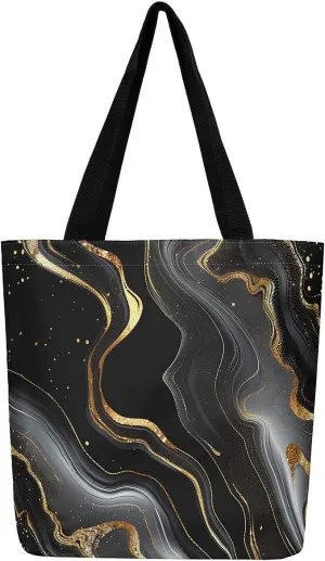 Marble Canvas Tote Bag Stone Pattern Tote Bag Gold Glitter Abstract Marbling Shoulder Bag