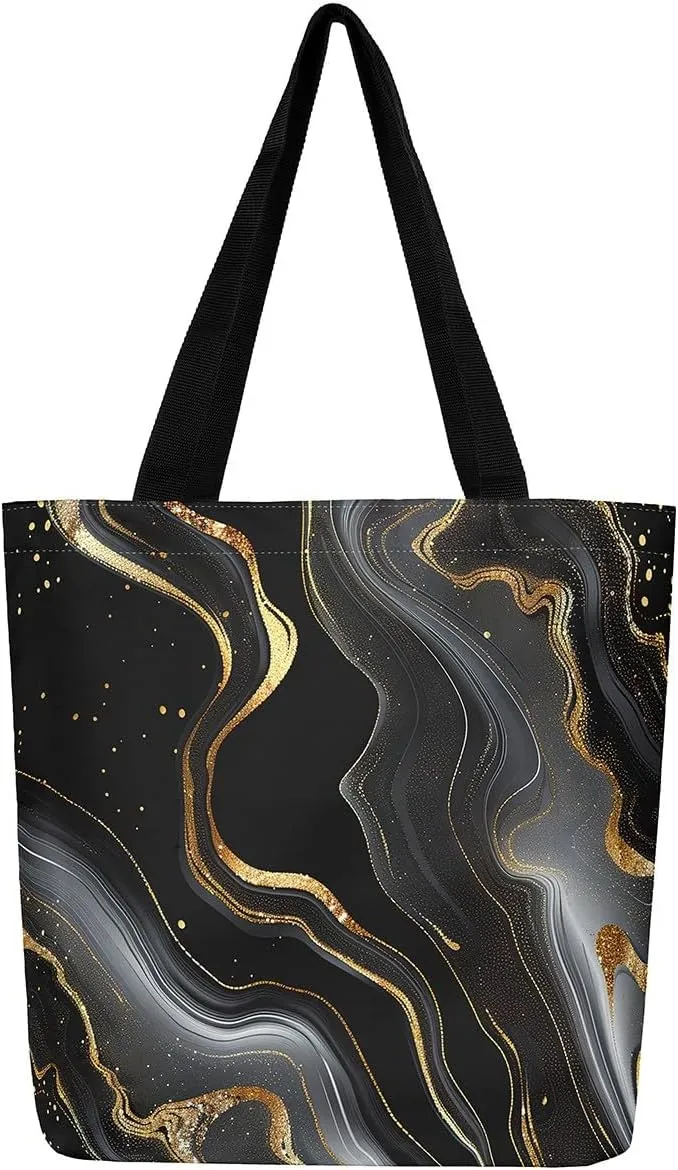 Marble Canvas Tote Bag Stone Pattern Tote Bag Gold Glitter Abstract Marbling Shoulder Bag