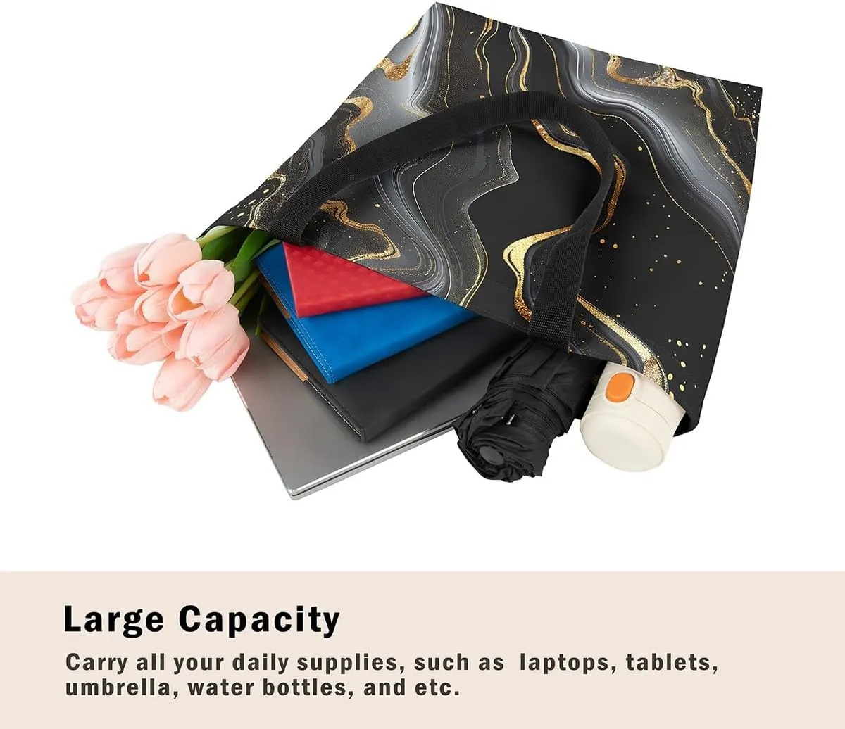 Marble Canvas Tote Bag Stone Pattern Tote Bag Gold Glitter Abstract Marbling Shoulder Bag