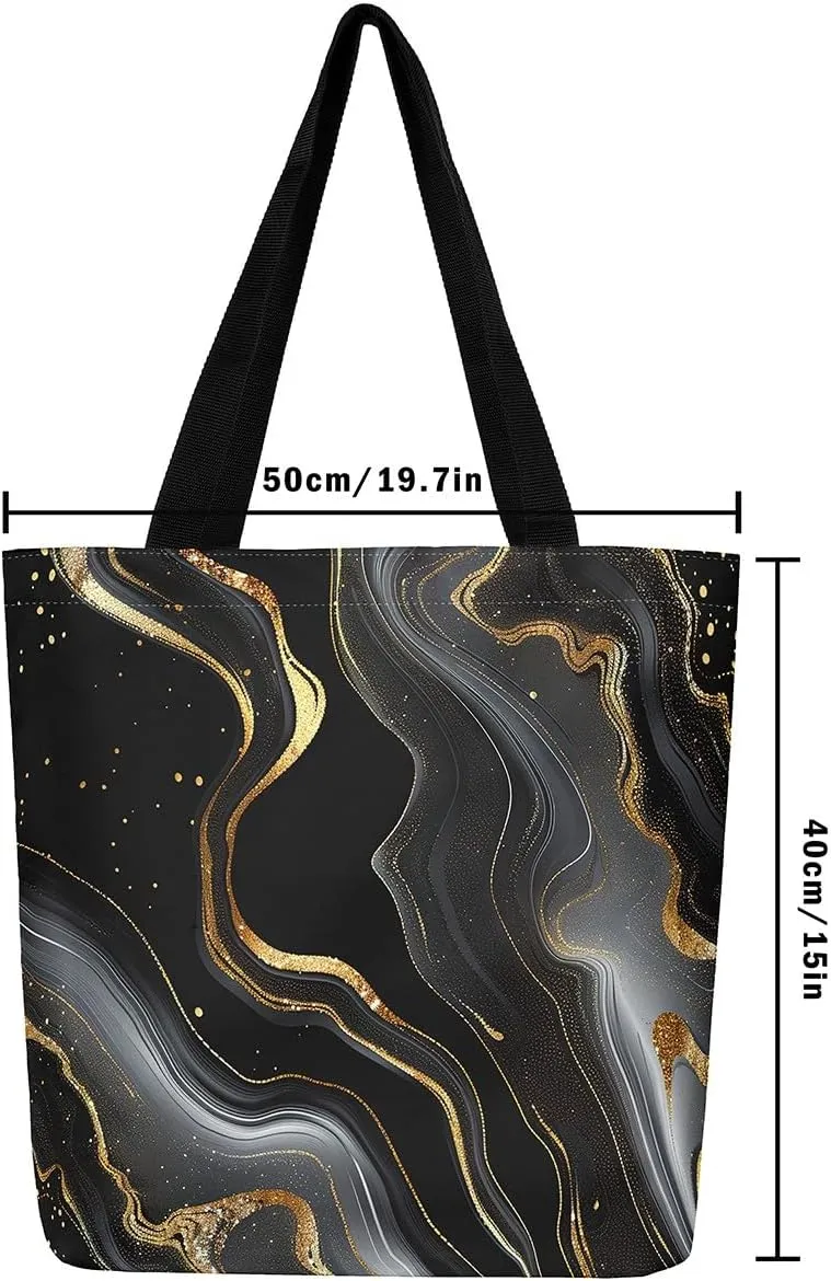 Marble Canvas Tote Bag Stone Pattern Tote Bag Gold Glitter Abstract Marbling Shoulder Bag