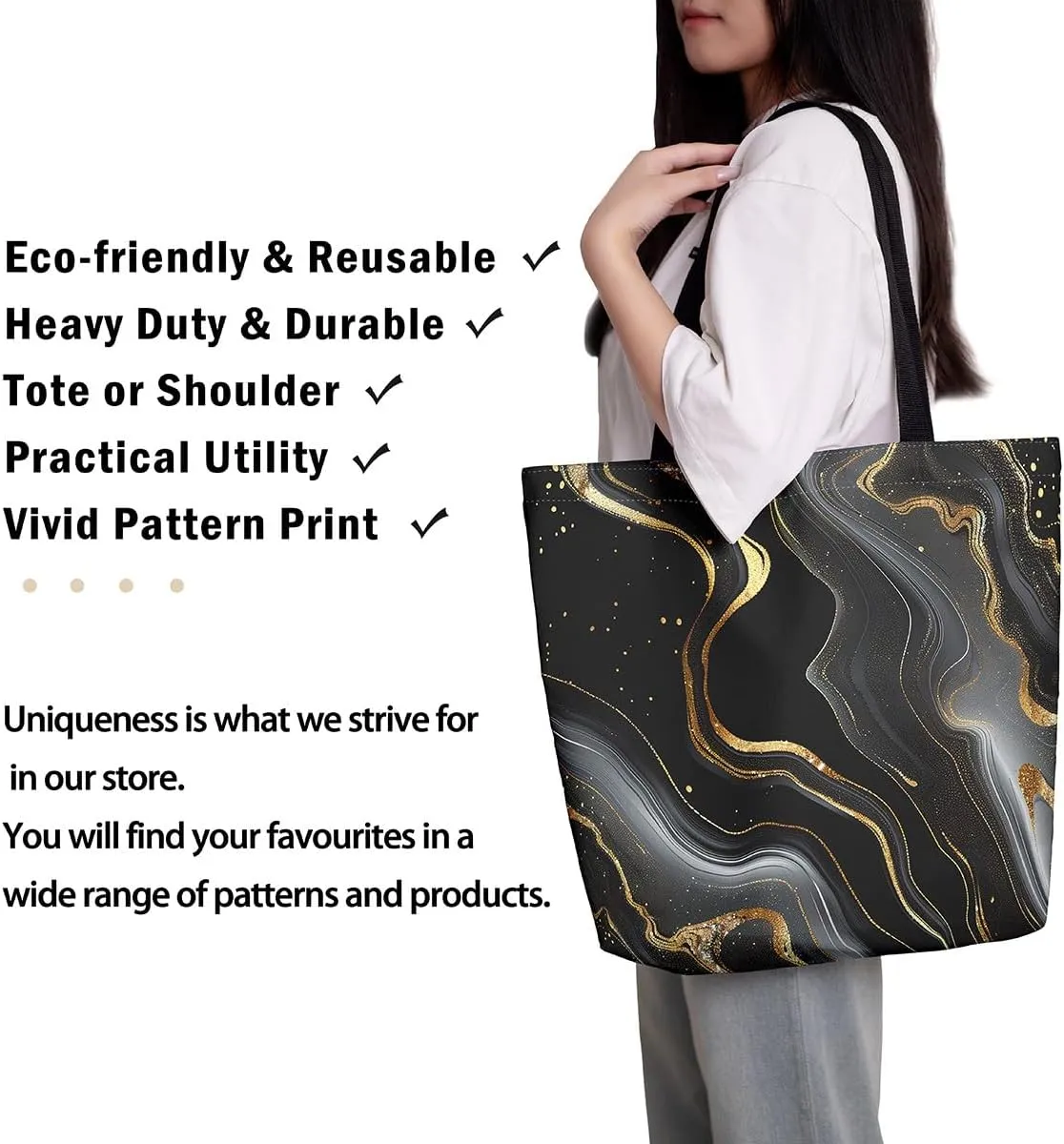 Marble Canvas Tote Bag Stone Pattern Tote Bag Gold Glitter Abstract Marbling Shoulder Bag