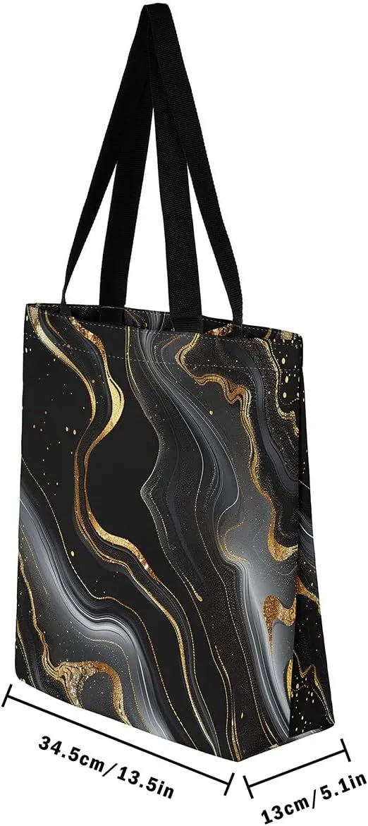 Marble Canvas Tote Bag Stone Pattern Tote Bag Gold Glitter Abstract Marbling Shoulder Bag