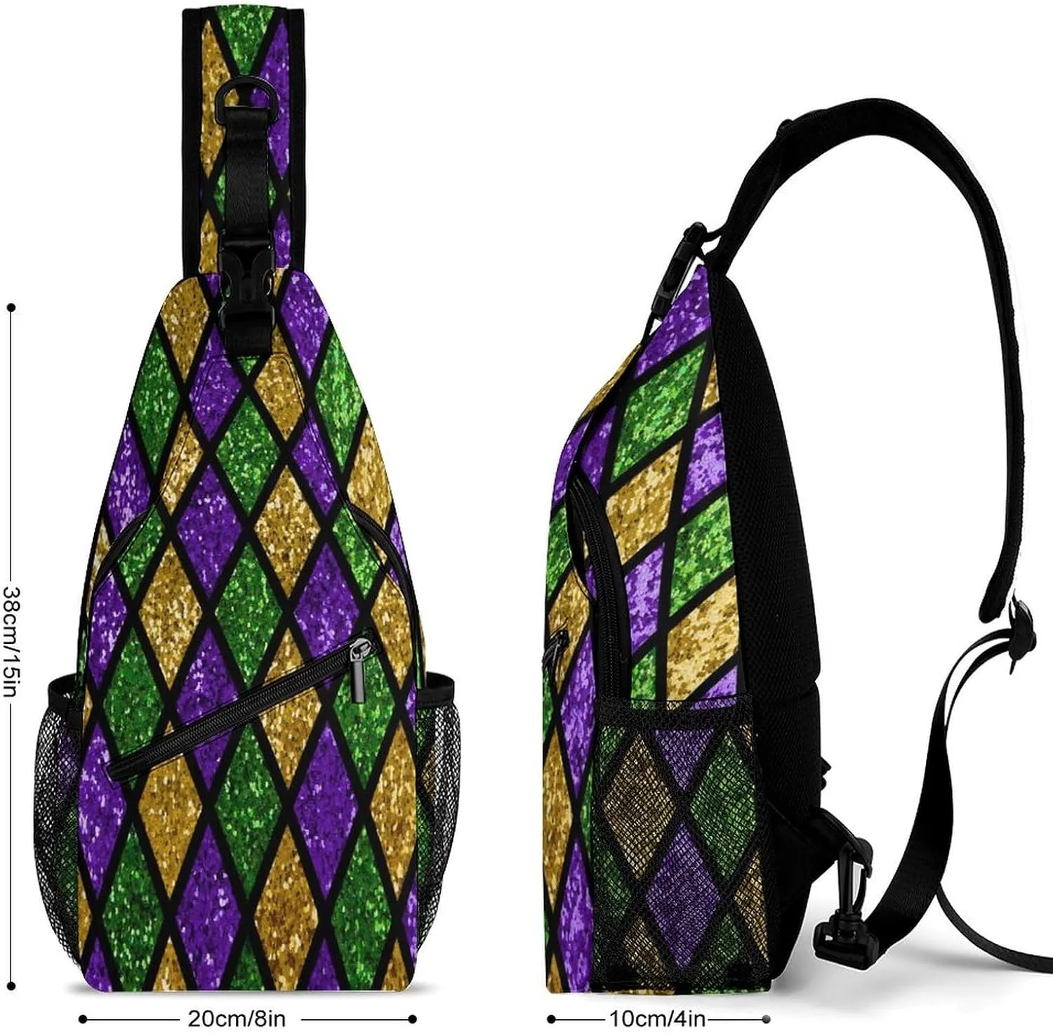 Men Sling Backpack Packable Breathable Shoulder Chest Crossbody Bag - for Green Purple Gold Glitter Pattern Mardi Gras Anti-Theft Multipurpose Rucksack Tote Bags With Adjustable Shoulder Strap