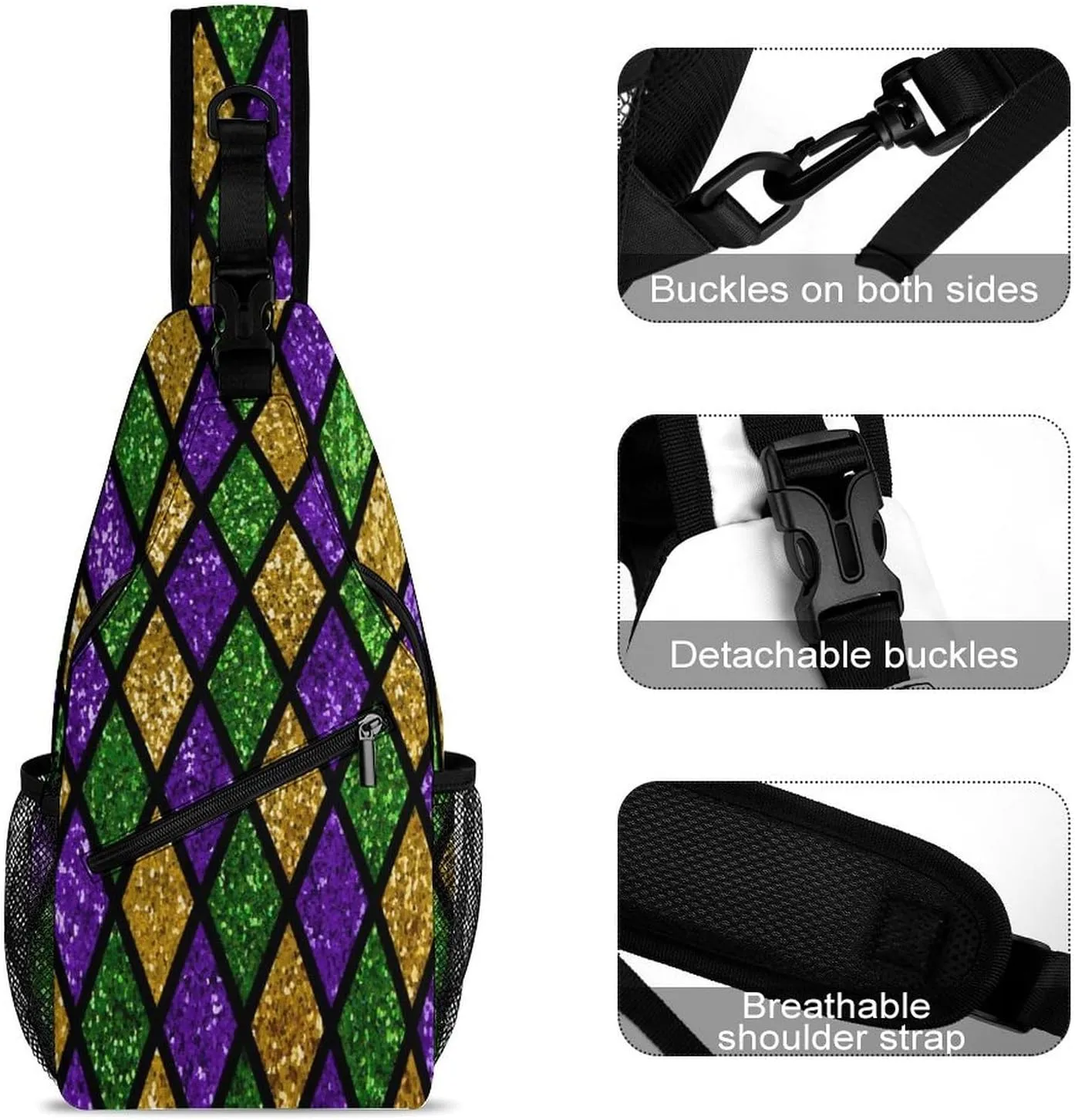 Men Sling Backpack Packable Breathable Shoulder Chest Crossbody Bag - for Green Purple Gold Glitter Pattern Mardi Gras Anti-Theft Multipurpose Rucksack Tote Bags With Adjustable Shoulder Strap