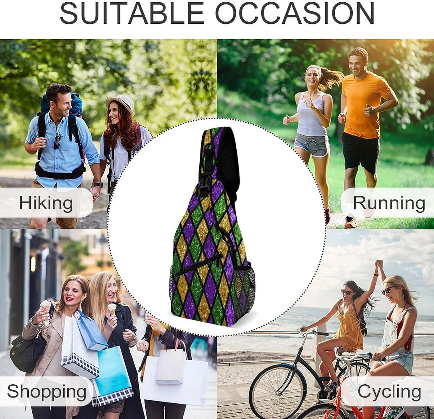 Men Sling Backpack Packable Breathable Shoulder Chest Crossbody Bag - for Green Purple Gold Glitter Pattern Mardi Gras Anti-Theft Multipurpose Rucksack Tote Bags With Adjustable Shoulder Strap