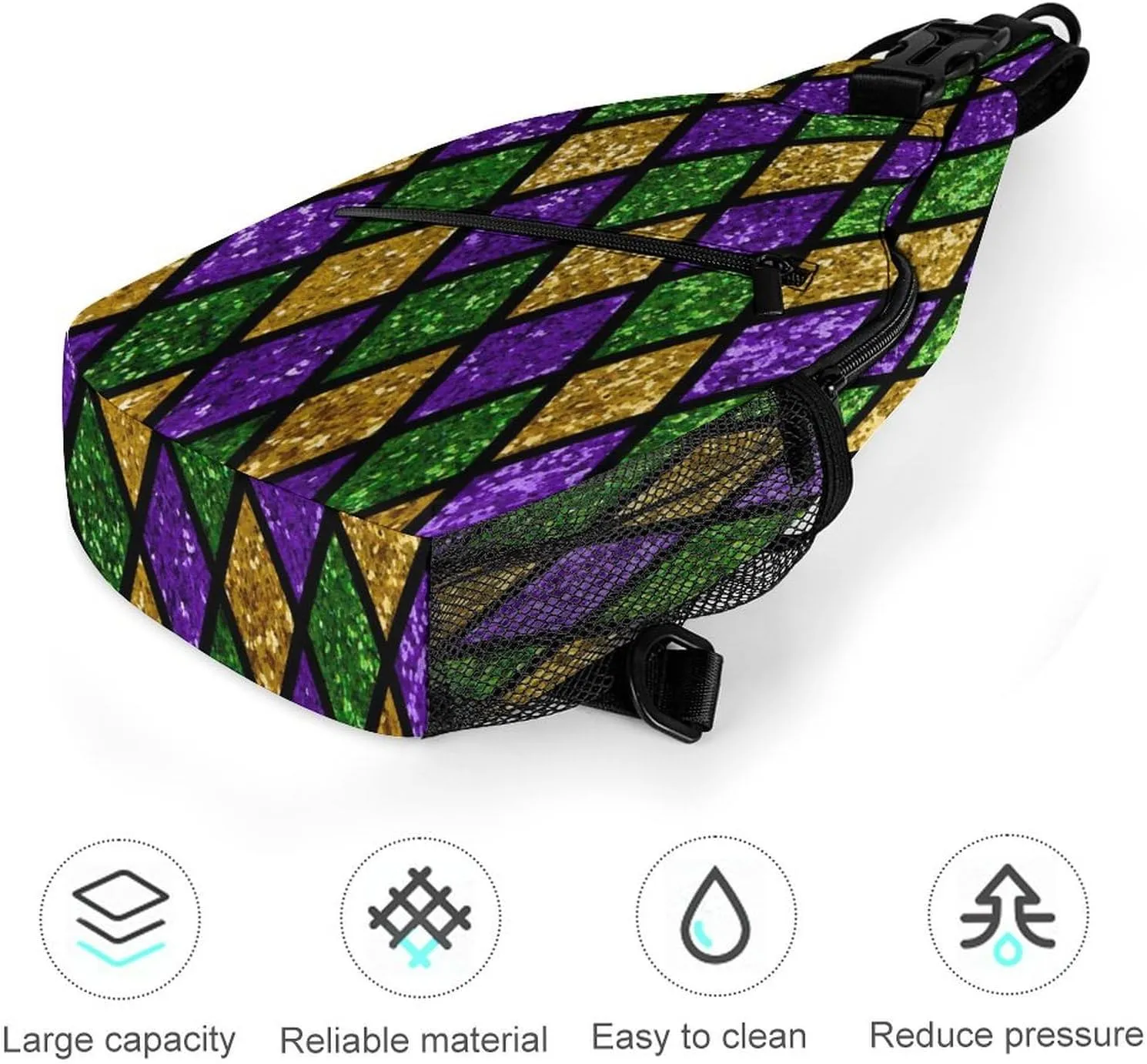 Men Sling Backpack Packable Breathable Shoulder Chest Crossbody Bag - for Green Purple Gold Glitter Pattern Mardi Gras Anti-Theft Multipurpose Rucksack Tote Bags With Adjustable Shoulder Strap