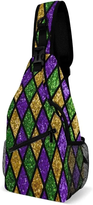 Men Sling Backpack Packable Breathable Shoulder Chest Crossbody Bag - for Green Purple Gold Glitter Pattern Mardi Gras Anti-Theft Multipurpose Rucksack Tote Bags With Adjustable Shoulder Strap