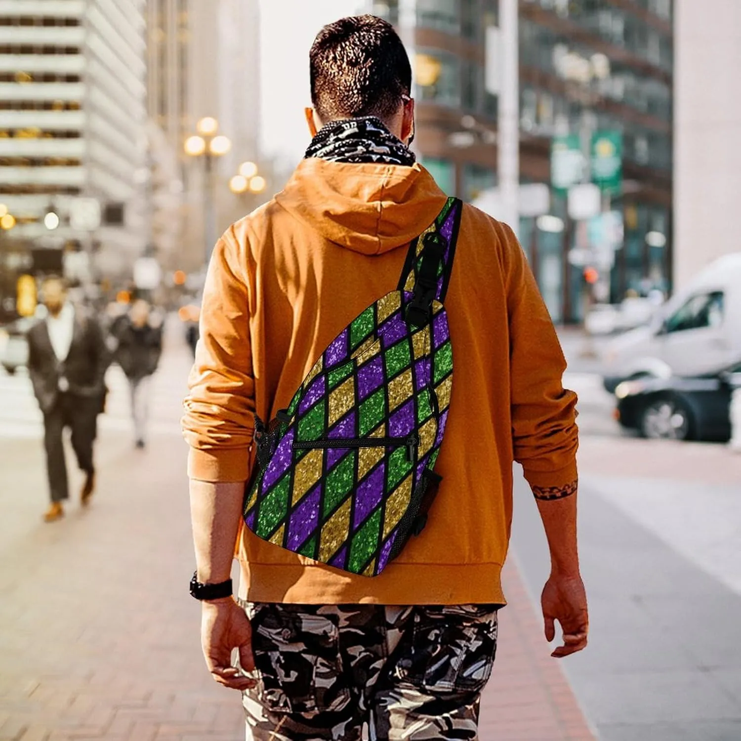 Men Sling Backpack Packable Breathable Shoulder Chest Crossbody Bag - for Green Purple Gold Glitter Pattern Mardi Gras Anti-Theft Multipurpose Rucksack Tote Bags With Adjustable Shoulder Strap