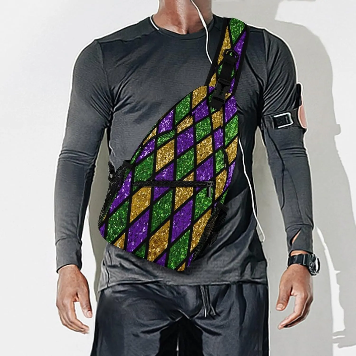 Men Sling Backpack Packable Breathable Shoulder Chest Crossbody Bag - for Green Purple Gold Glitter Pattern Mardi Gras Anti-Theft Multipurpose Rucksack Tote Bags With Adjustable Shoulder Strap