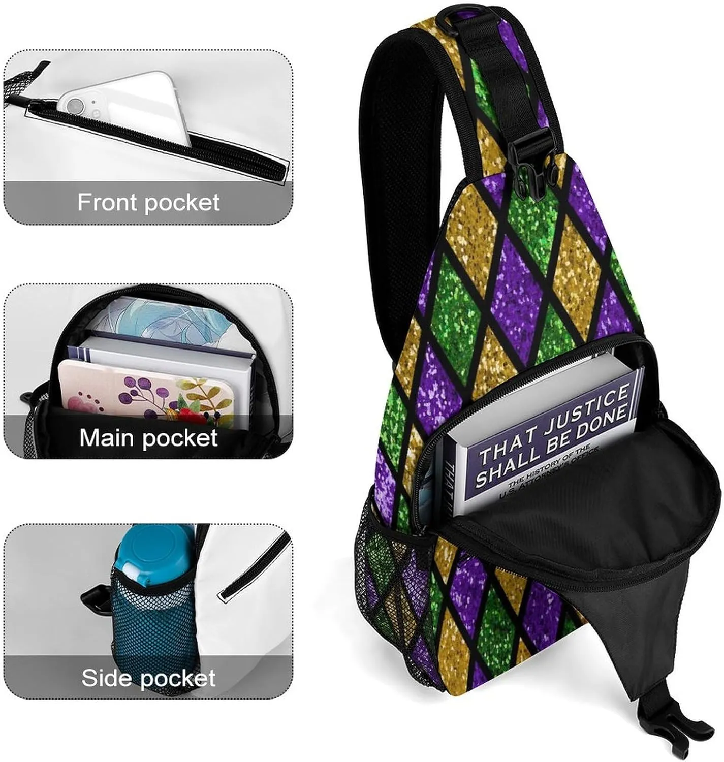 Men Sling Backpack Packable Breathable Shoulder Chest Crossbody Bag - for Green Purple Gold Glitter Pattern Mardi Gras Anti-Theft Multipurpose Rucksack Tote Bags With Adjustable Shoulder Strap