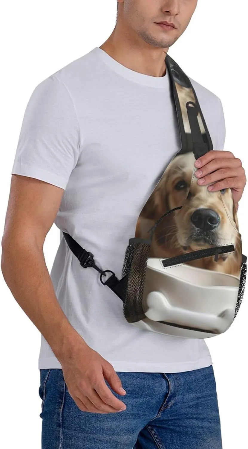 Men's Cute Dog Bone Bowl Woof Paw Print Crossbody Shoulder Bag Travel Hiking Daypack for Women Crossbody Sling Backpack