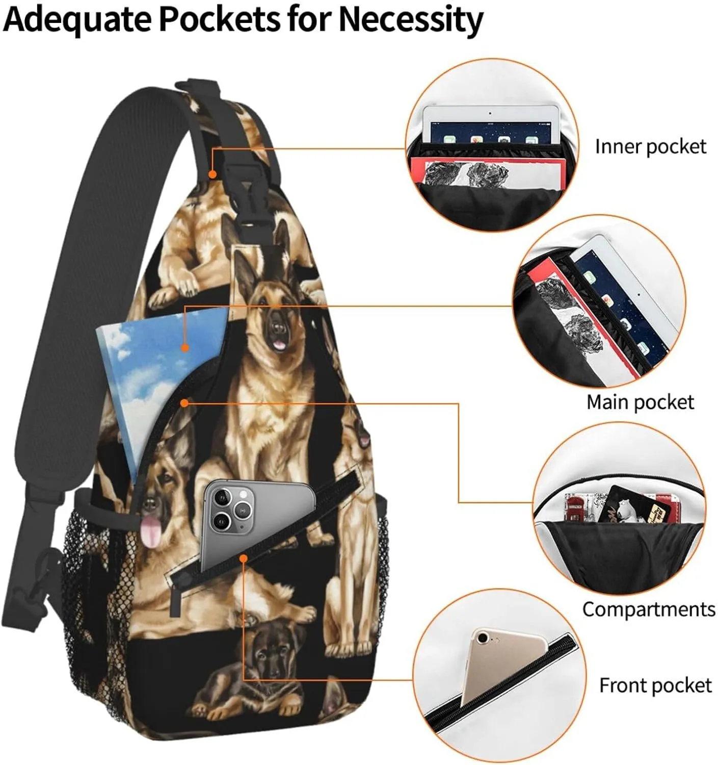 Men's German shepherd dog Print Crossbody Shoulder Bag Travel Hiking Daypack for Women Crossbody Sling Backpack