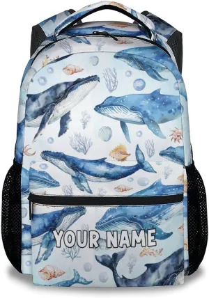 Mercuryelf Personalized School Backpack for Boys - 17 Inch Whale Kid Backpack for School, Travel - Cute Sea Bookbag for Teens Kids