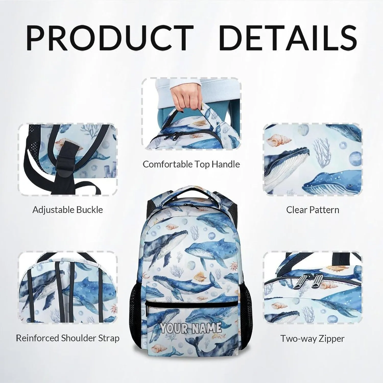 Mercuryelf Personalized School Backpack for Boys - 17 Inch Whale Kid Backpack for School, Travel - Cute Sea Bookbag for Teens Kids
